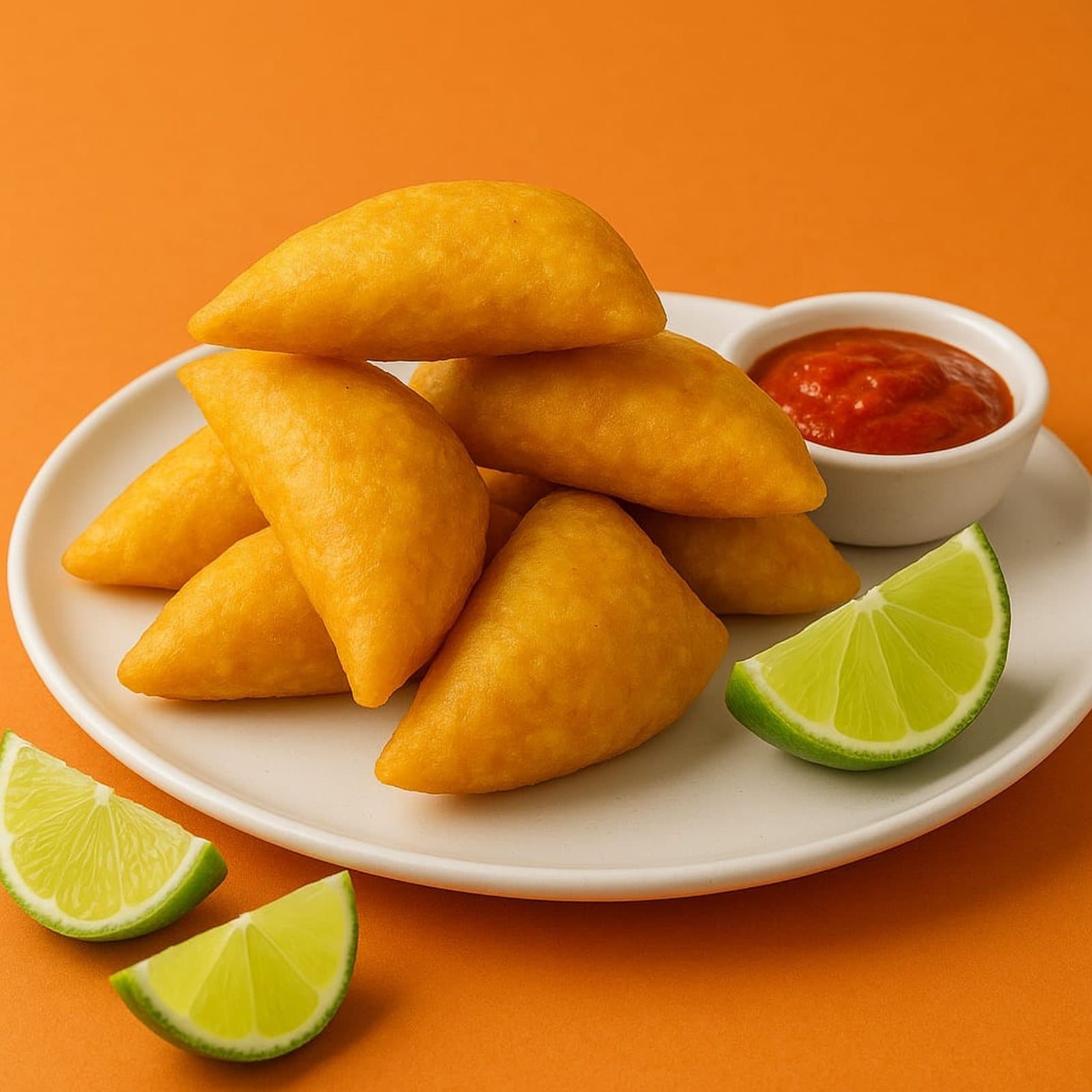 Empanadas de maíz Croky recién fritas, servidas con salsa y limón